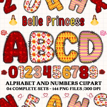 Belle Princess PNG Alphabet clipart, doodle letters for classroom crafts