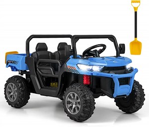 OLAKIDS 2 Seater Ride On UTV, 12V Kids Electric Vehicle Dump Truck with Remote Control, Dump Bed and Extra Shovel, Toddlers Battery Powered Car with Music, USB, AUX, Rocking Function (Blue)