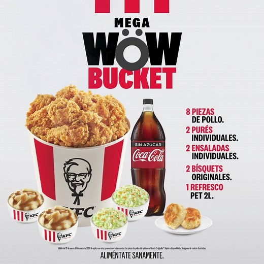 8 piezas de pollo 2 purés individuales 2 ensaladas individuales 2 bísquets 1 refresco de 2 lts por solo $219 | KFC
