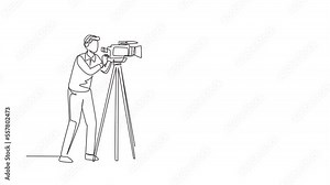 Animated self drawing of continuous line draw journalist. Reporter. Journalists to report. Two journalists. Team of woman reporter journalist man operator broadcasting. Full length one line animation
