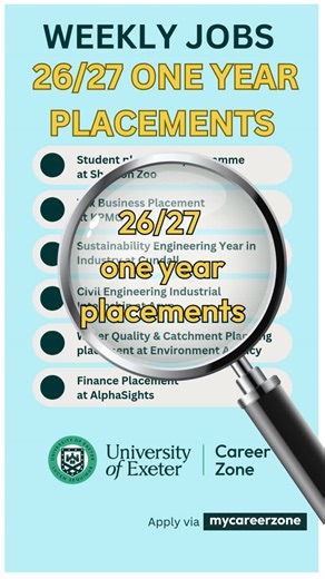 University of Exeter Career Zone - Cornwall on Instagram: "Check out the 2026/2027 year long placement opportunities on My Career Zone this week.... Get in touch if you need a hand to apply for any of these great opportunities! You could also book yourself an appointment with one of our Careers Consultants, explore our free skills workshops or visit our careers web page for advice - links in our bio! Still using Handshake for your placement search? Don’t worry, it’s still available as an additio