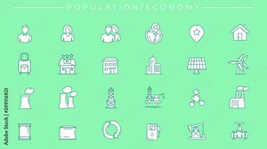 Animated filled green icons on Population and Economy theme.