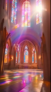 Colored church windows with rays of light shining through, casting vibrant, rainbow patterns on the stone floor