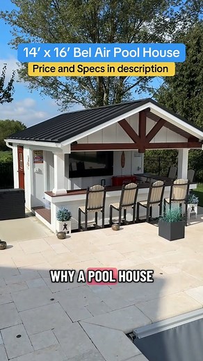When it comes to summer entertaining, nothing beats having a dedicated space by the pool-and this 14’ x 16’ Bel Air Pool House delivers. Clad in white Hardie Plank board & batten siding with a black standing seam metal roof, it's a design that's both sharp and timeless. The Alpine gable overhang and square columns create a shaded spot that's perfect for relaxing with friends or keeping cool between swims. Inside, thoughtful details make entertaining effortless: a composite lumber bar top and flo