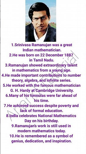 10 line Essay On Srinivasa Ramanujan / Srinivasa Ramanujan Essay Writing/National mathematics day