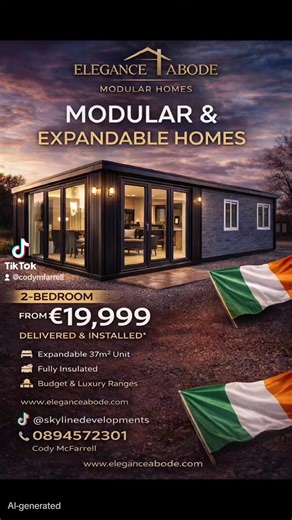 Looking to replace your mobile home or build a modern 2-bedroom modular house on private land? Our 2-Bed Expandable (37m²) Modular Homes start from €19,999 – €27,999, delivered across Ireland via HIAB (subject to suitable access). ✔ Fully insulated for year-round living ✔ Expandable 37m² layout ✔ Budget & Luxury finish options ✔ Factory-built for quality control ✔ Delivered & professionally installed Planning permission and local compliance are the responsibility of the client. Now booking limit