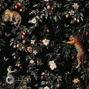 Dark Jungle Animal Wallpaper – Tigers, Monkeys, Tropical Butterflies & Birds, Exotic Botanical Wall Mural Art - Etsy