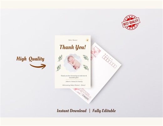 Neutral Baby Shower Thank You Card Editable Canva Template Minimal Printable Appreciation Note - Etsy