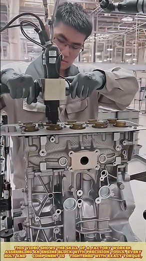 Engine assembly: Skilled workers assembles an engine, uses precision tools, and tightens bolts