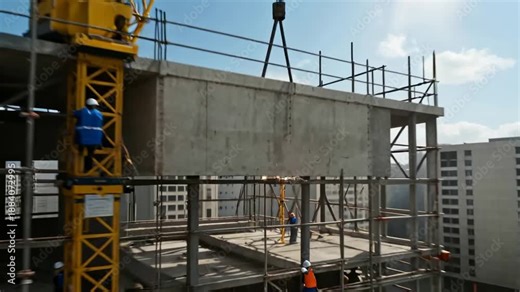 Urban High-Rise Construction: Giant Crane Builds Modern Skyscrapers