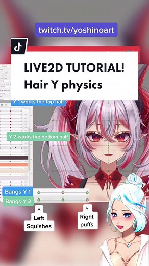 Live2d hair physics 💇🏻‍♀️ TUTORIAL! 🌸Make yourself 2 params and a deformer to use on them 🌸Bang 1: work on the top half, right puffs the hair our, left squishes inward 🌸 Bang 2: work the bottom half, right puffs out and down, left squishes inward and up 🌸Synthetize corners 🌸Make physics with Angle Y as input and Bang 1 and 2 as output. The pendulum can be the