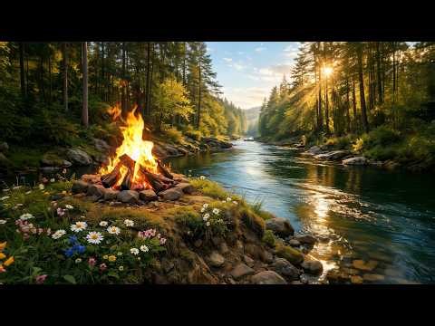 4K 🌅 Forest River Campfire at Sunrise, Flowing Water and Fresh Spring Morning Calm 🔥🌊