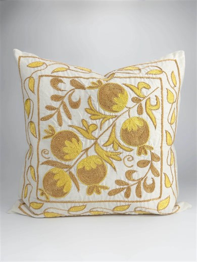 Yellow and Gold Uzbek Suzani Embroidery Cushion and Pillow Cover - Exclusive Boho Throw Pillow, Decorative Pillowcase, Sofa Accent Cushion - Etsy