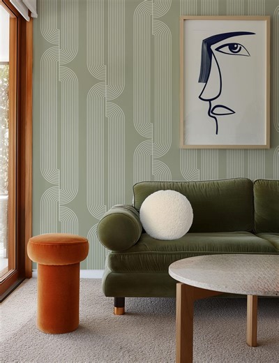 Art Deco Wallpaper, Sage Green Wallpaper Modern, Mid-century Modern Wallpaper, Art Deco Inspired Wallpaper, Geometric Line Pattern - Etsy Australia