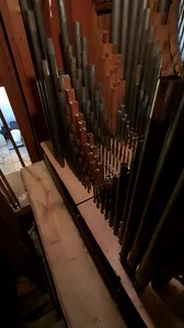 Inside what is said to be the most complete remaining two manual organ by Snetzler, 1778. Tuning slides were fitted by Noel Mander ca. 1961. A Discus blower was trunked into the rising top of one diagonal feeder, the other disabled but still present. The rising top is weighted but also has a wooden leaf spring to reduce pressure drop. The wind is acceptably compliant. Two original ranks were lost in 1860, a 'dilapidated' Trumpet 8 bass/treble and Cornet IV from mid C. The Dulciana (tc) and Clara