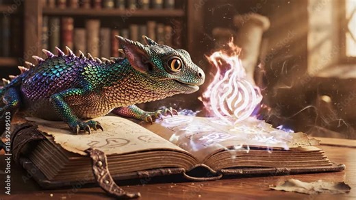 A curious baby dragon with iridescent scales examines an open ancient volume filled with abstract, glowing magical symbols under warm, dramatic golden hour lighting wonder, library, legend