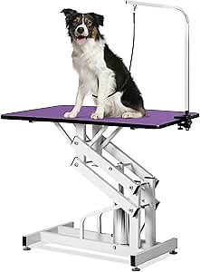 42.5 inch Hydraulic Pet Dog Grooming Table, Heavy Duty Z-Lift Grooming Table Stainless Steel Frame with Adjustable Arm Noose, Max Load 330 lbs, Height Range 22-36 Inch,Purple