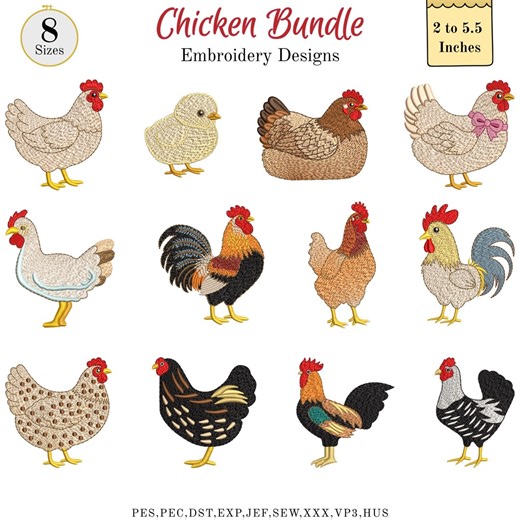 Chicken Embroidery Machine Designs, Small Farm Bird Machine Embroidery, Roaster, Thanksgiving Chicken, PES DST, 8 Sizes, Instant Download - Etsy