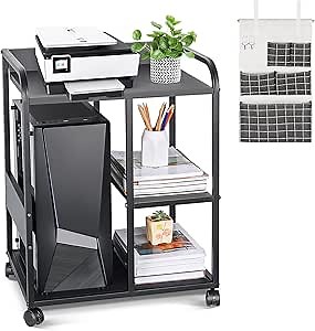 Mobile Printer Stand with Storage, 3-Tier Rolling Printer Table with Hanging Bag, Computer Tower Stand Under Desk for Home Office Storage (Black)