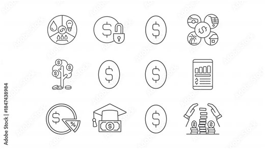 Financial literacy line animation set. Budget management animated icons. Transportation costs, real estate. Investment portfolios. Outline elements on white background. HD video with alpha channel