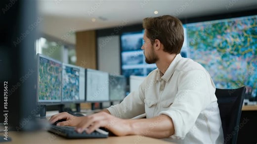A control room operator monitoring real-time energy distribution maps across an entire region, colorful grid overlays pulsing as supply adjusts to demand — smart grid technology, power management,