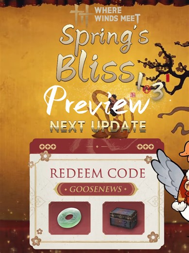 Spring’s Bliss 1.3 preview just dropped and it’s PACKED: Spotlight mode, New Sect (no dating allowed), Tiny Adventure, Gold Rush Chaos, Lantern Voyage, and more. Spring Festival Event Update is about to go crazy. Don't forget to claim the new redeem code! #WhereWindsMeet #WWMCCPS3 #wwmcies3 #wherewindsmeetgame