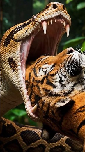 Giant Snake Swallows Tiger Whole​ #PythonVsTiger #WildlifeBattle #SnakeEatsTiger #animalfight