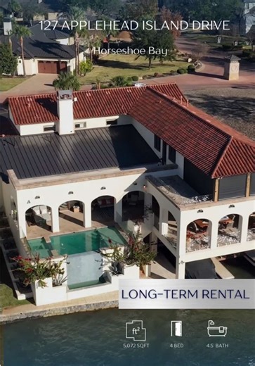 ✨ Luxury Long-Term Lease · 127 Applehead Island Drive ✨ Experience true lakefront living on constant-level Lake LBJ in one of Horseshoe Bay’s most exclusive gated communities – Applehead Island. This 4BR / 4.5BA / 5,072 sq ft waterfront estate is available for long-term lease and was designed for owners who expect resort-level living every day: • Direct Lake LBJ access • Private boat dock with electric lift jet ski ramp • Infinity-edge pool & spa overlooking the water • Multiple balconies & terr