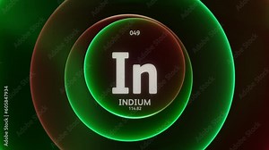 Indium as Element 49 of the Periodic Table. Concept animation on abstract green red gradient rings seamless loop background. Title design for science content and infographic showcase backdrop.