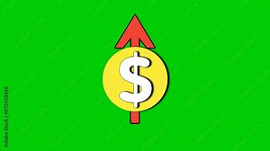 Cartoon dollar money sign symbol with up arrow animation on green screen.Bull market or good economy business concept