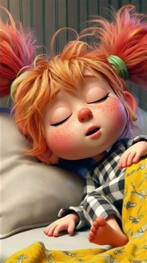 A warm, cozy animated bedtime scene featuring a sleepy little girl