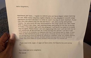 Neighbour sent apologetic note from mum trying ‘cry-it-out’ sleep method on kid