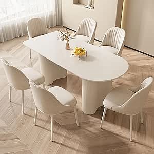 7-Piece Dining Set, 55.11" Modern Dining Table with 6 Chairs, White Kitchen Table Set for 6 Person, Dinner Table Set for Kitchen, Living Room
