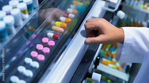 Closeup of a technicians hands programming and calibrating a hightech medication dispensing machine. .