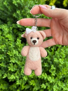 Handmade felted teddy bear key chain/ felt handbag charm- blush pink with bow