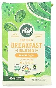 Whole Foods Market, Organic Breakfast Blend Ground Coffee, Light Roast, Milk Chocolate, Caramel & Citrus, 12 Ounce