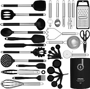 Silicone Cooking Utensils Set - Heat Resistant Silicone Kitchen Utensils for Cooking, Spatula Set w Holder, BPA FREE Kitchen Gadgets Tools for Non-Stick Cookware, Dishwasher Safe (Black)