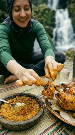 Solo Camping Chicken BBQ at the Waterfall | Hijabi Girl Wild Cooking #camping #food #outdoorcooking