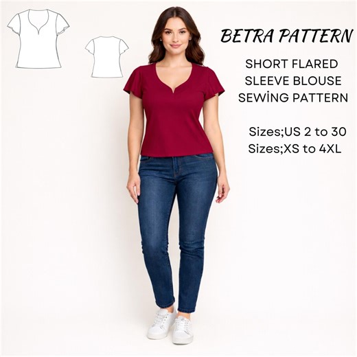 Short Flared Sleeve Blouse Sewing Pattern – Summer Top – PDF A0/A4 US 2-30 - Etsy