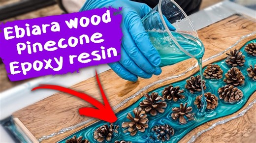 Epoxy resin and ebiara wood tray with pinecone art