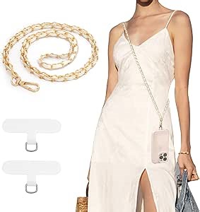 TiMOVO Universal Phone Lanyard, Metal Cell Phone Chain Anti-Theft Crossbody Strap for iPhone 17, 16 Series and Most Smartphones, Cell Phone Neck Holder for Women, Gold & White