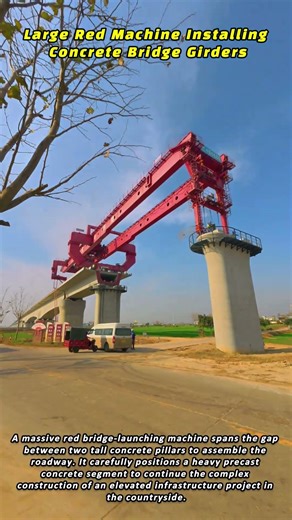 Large Red Machine Installing Concrete Bridge Girders