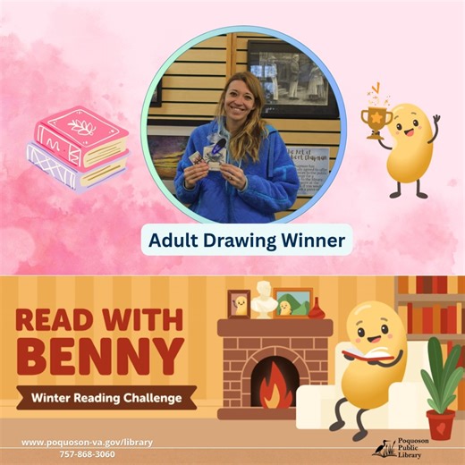 Congratulations to Leigh! Winner of our third Adult Winter Reading Drawing!!! Sign up on Beanstack to participate! https://poquoson.librarycalendar.com/event/read-benny-winter-reading-challenge-2026-5354 | Poquoson Public Library