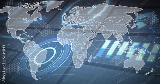 Transparent world map unfolding after radar activation, showing pulsing target and rising metrics