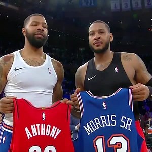 Carmelo Anthony swaps jerseys with Marcus Morris after dropping a season-high 26 points in his return to MSG 🙌💯 | ESPN