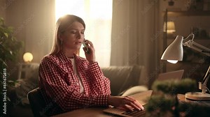 A woman works remotely from home, using a laptop and phone, creating a cozy work environment