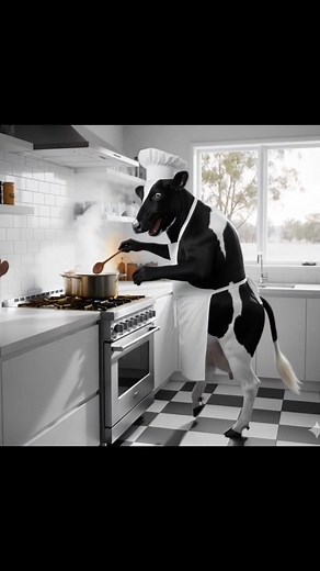 Is the cow cooking wonderfully in the kitchen? | funny animal
