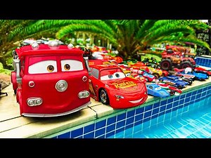 Disney Pixar Cars falling into deep pool, Lightning McQueen, Tow Mater, Mack, Sally, Francesco