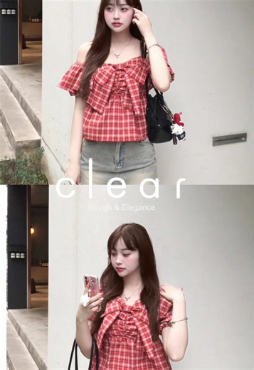 クリアの新作リボンチェックブラウスとミニスカート