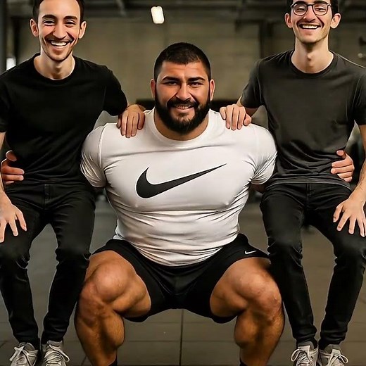“Monster Squats: Wrestler Lifts Two Men on His Arms! 💪🏋️‍♂️”